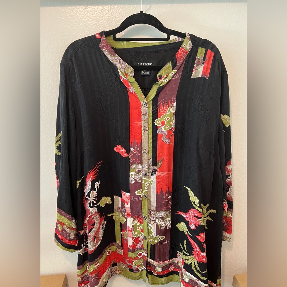 Citron Santa Monica Oriental Japanese Asian Dragons Phoenix Blouse 3x